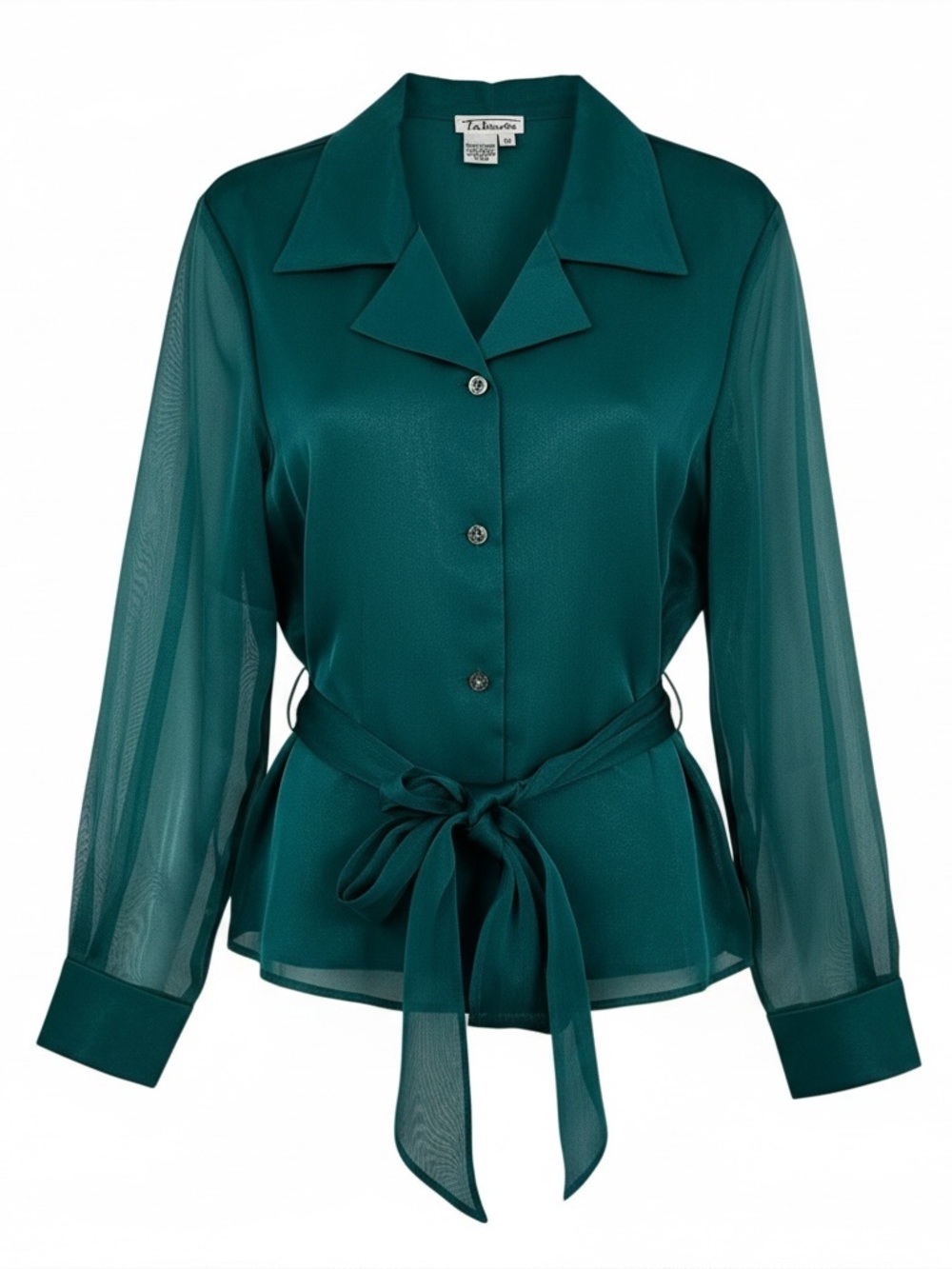 Vintage Talbots 12 Teal/Turquoise Polyester Formal/Fancy Blouse w Sheer Sleeves